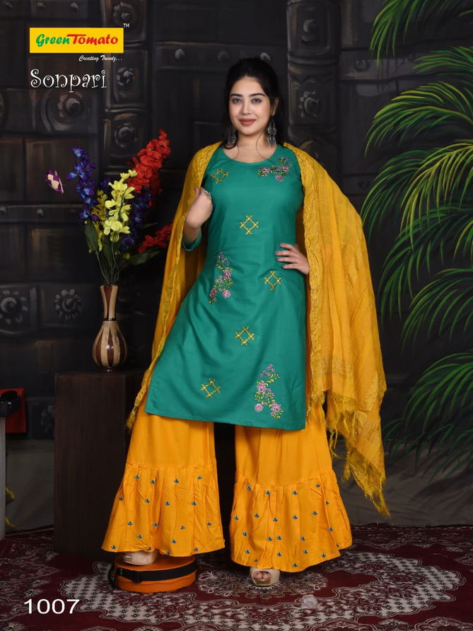 Green Tomato Sonpari Rayon Designer Fancy Ethnic Wear Kurti Sharara And Dupatta Collection